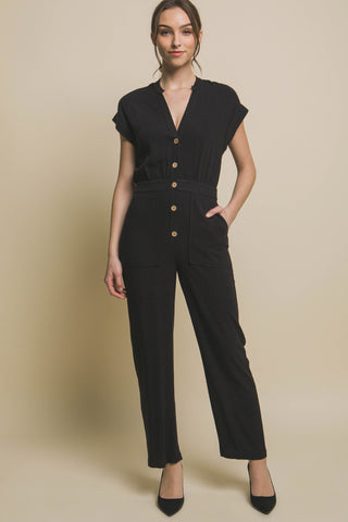 Shop Black Love Tree Button Up Front Pocket Jumpsuit - High-Quality U.S. Made Women’s Fashion with Free & Fast Shipping