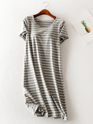 Shop Gray White Striped Round Neck Short Sleeve Dress - High-Quality U.S. Made Women’s Fashion with Free & Fast Shipping