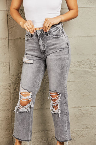 Shop BAYEAS Acid Wash Distressed Cropped Straight Jeans - High-Quality U.S. Made Women’s Fashion with Free & Fast Shipping