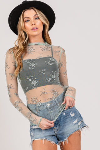 Shop SAGE + FIG Mesh Long Sleeve Sheer Floral Embroidery Top - High-Quality U.S. Made Women’s Fashion with Free & Fast Shipping