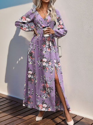 Shop Lavender Perfee Slit Printed Surplice Long Sleeve Maxi Dress - High-Quality U.S. Made Women’s Fashion with Free & Fast Shipping