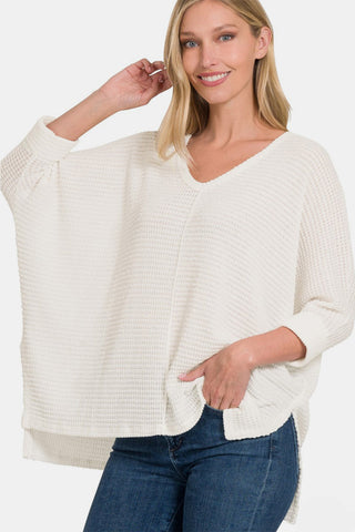 Shop Off White Zenana Full Size Round Neck High-Low Slit Knit Top - High-Quality U.S. Made Women’s Fashion with Free & Fast Shipping