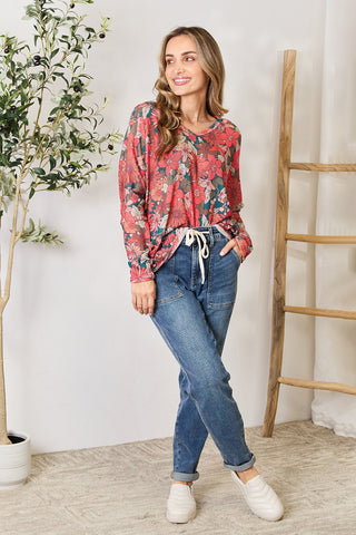 Shop Hopely Full Size Floral Print V-Neck Long Sleeve Blouse - High-Quality U.S. Made Women’s Fashion with Free & Fast Shipping