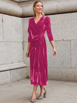 Shop Hot Pink Surplice Puff Sleeve Midi Dress - High-Quality U.S. Made Women’s Fashion with Free & Fast Shipping