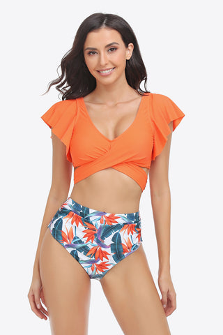 Shop Two-Tone Flutter Sleeve Tied Two-Piece Swimsuit - High-Quality U.S. Made Women’s Fashion with Free Fast Shipping