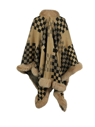 Shop Checkered Faux Fur Trim Poncho - High-Quality U.S. Made Women’s Fashion with Free & Fast Shipping