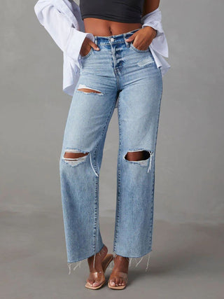 Shop Light Distressed Straight Leg Jeans with Pockets - High-Quality U.S. Made Women’s Fashion with Free & Fast Shipping