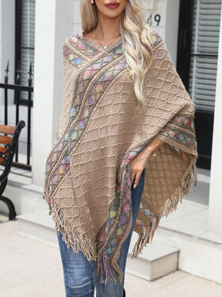 Shop Contrast V-Neck Poncho with Fringes - High-Quality U.S. Made Women’s Fashion with Free Fast Shipping