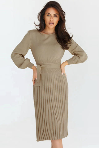 Shop Khaki Round Neck Long Sleeve Pleated Sweater Dress - High-Quality U.S. Made Women’s Fashion with Free & Fast Shipping