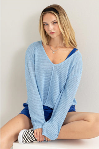 Shop BABY BLUE HYFVE V-Neck Stripe Texture Long Sleeve Top - High-Quality U.S. Made Women’s Fashion with Free & Fast Shipping