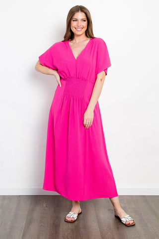 Shop Fuchsia Be Stage Full Size Shirred Front Short Sleeve Maxi Dress - High-Quality U.S. Made Women’s Fashion with Free & Fast Shipping