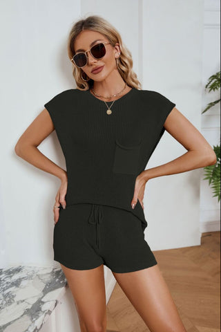 Shop Round Neck Knit Top and Drawstring Shorts Set - High-Quality U.S. Made Women’s Fashion with Free Fast Shipping