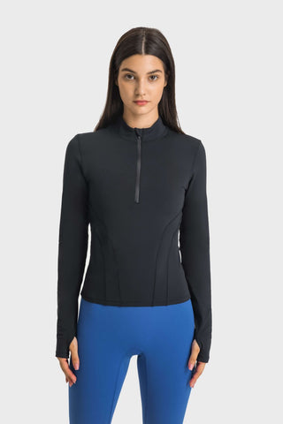 Shop Black Millennia Half Zip Thumbhole Sleeve Sports Top - High-Quality U.S. Made Women’s Fashion with Free & Fast Shipping