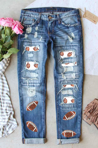 Shop Medium Distressed Football Straight Jeans - High-Quality U.S. Made Women’s Fashion with Free & Fast Shipping