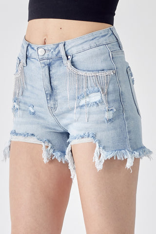 Shop LIGHT RISEN Frayed Hem Denim Shorts with Fringe Detail Pockets - High-Quality U.S. Made Women’s Fashion with Free & Fast Shipping