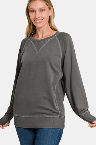 Shop Zenana Round Neck Long Sleeve Sweatshirt - High-Quality U.S. Made Women’s Fashion with Free & Fast Shipping