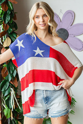 Shop First Love Full Size USA Flag Drop Shoulder Knit Top - High-Quality U.S. Made Women’s Fashion with Free & Fast Shipping