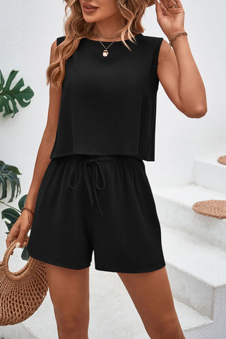 Shop Round Neck Top and Drawstring Shorts Set - High-Quality U.S. Made Women’s Fashion with Free & Fast Shipping