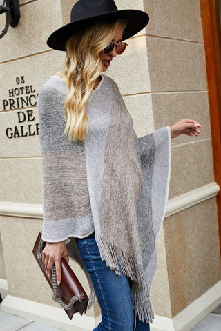 Shop Color Block Fringe Hem Poncho - High-Quality U.S. Made Women’s Fashion with Free Fast Shipping