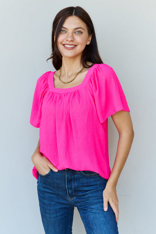 Shop Fuchsia Ninexis Keep Me Close Square Neck Short Sleeve Blouse in Fuchsia - High-Quality U.S. Made Women’s Fashion with Free & Fast Shipping