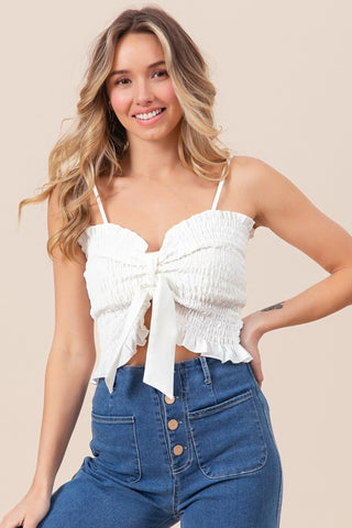 Shop BiBi Ruffled Smocked Ribbon Detail Cami - High-Quality U.S. Made Women’s Fashion with Free & Fast Shipping