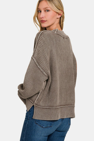 Shop Zenana Exposed Seam Round Neck Dropped Shoulder Sweater - High-Quality U.S. Made Women’s Fashion with Free Fast Shipping