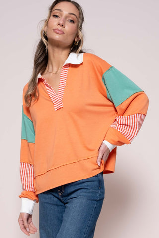 Shop Coral Hailey & Co Color Block Top with Striped Panel - High-Quality U.S. Made Women’s Fashion with Free & Fast Shipping