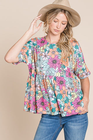 Shop Floral BOMBOM Floral Round Neck Short Sleeve Blouse - High-Quality U.S. Made Women’s Fashion with Free & Fast Shipping