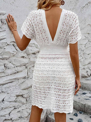 Shop Openwork Plunge Short Sleeve Cover-Up Dress - High-Quality U.S. Made Women’s Fashion with Free & Fast Shipping