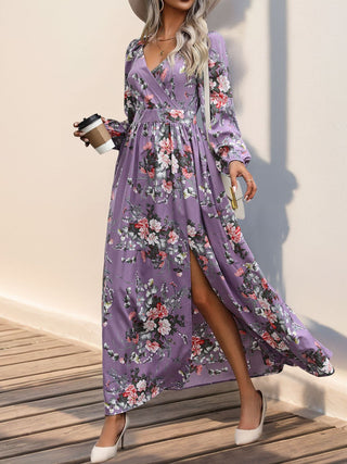 Shop Perfee Slit Printed Surplice Long Sleeve Maxi Dress - High-Quality U.S. Made Women’s Fashion with Free & Fast Shipping