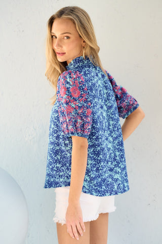 Shop Hailey & Co Embroidered Puff Sleeve Printed Blouse - High-Quality U.S. Made Women’s Fashion with Free & Fast Shipping