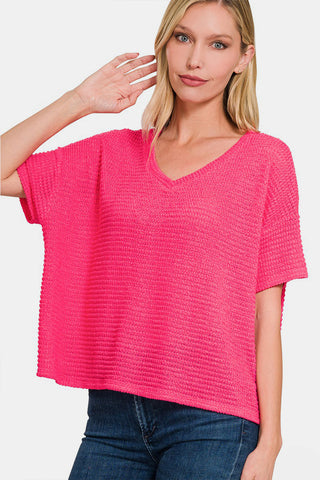 Shop Zenana Drop Shoulder Short Sleeve Jacquard Knit Top - High-Quality U.S. Made Women’s Fashion with Free Fast Shipping