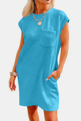 Shop Textured Round Neck Cap Sleeve Dress - High-Quality U.S. Made Women’s Fashion with Free & Fast Shipping