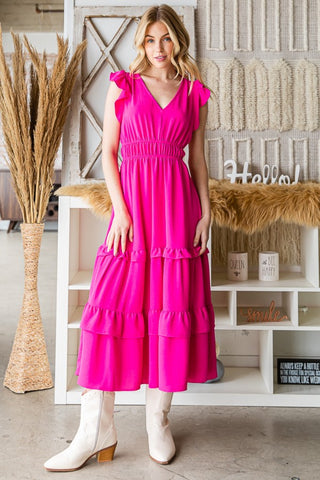 Shop Fuchsia Reborn J V-Neck Ruffle Trim Tiered Midi Dress - High-Quality U.S. Made Women’s Fashion with Free & Fast Shipping