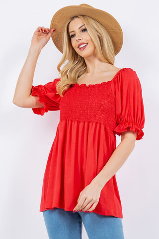 Shop Dk Coral Celeste Full Size Ruffled Short Sleeve Smocked Blouse - High-Quality U.S. Made Women’s Fashion with Free & Fast Shipping