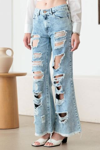 Shop Litz La Distressed Frayed Hem Flare Jeans - High-Quality U.S. Made Women’s Fashion with Free & Fast Shipping