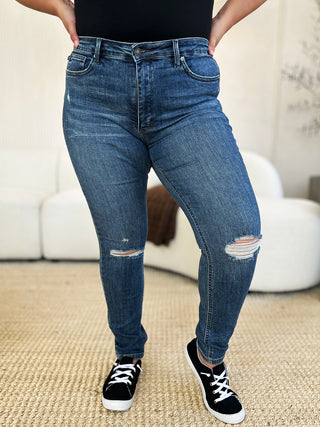 Shop Judy Blue Full Size Mid Waist Distressed Slim Jeans - High-Quality U.S. Made Women’s Fashion with Free & Fast Shipping