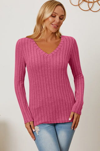 Shop Hot Pink Basic Bae Full Size Ribbed V-Neck Long Sleeve T-Shirt - High-Quality U.S. Made Women’s Fashion with Free & Fast Shipping