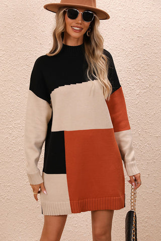 Shop Color Block Mock Neck Dropped Shoulder Sweater Dress - High-Quality U.S. Made Women’s Fashion with Free Fast Shipping