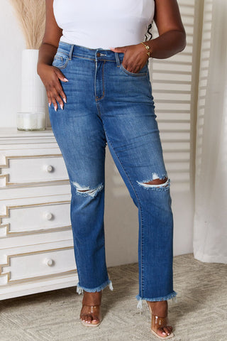 Shop Medium Judy Blue Full Size Distressed Raw Hem Jeans - High-Quality U.S. Made Women’s Fashion with Free & Fast Shipping