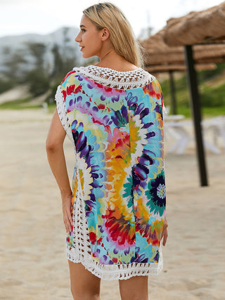 Shop Openwork Printed Round Neck Cover Up - High-Quality U.S. Made Women’s Fashion with Free & Fast Shipping