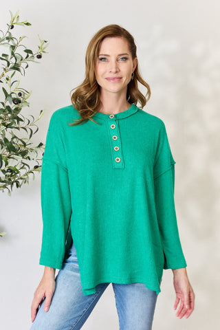 Shop Kelly Green Zenana Full Size Ribbed Half Button Slit Knit Top - High-Quality U.S. Made Women’s Fashion with Free & Fast Shipping