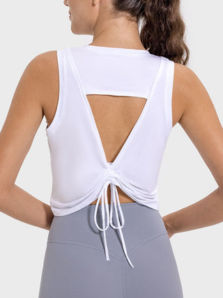 Shop Millennia Drawstring Cutout Round Neck Active Tank - High-Quality U.S. Made Women’s Fashion with Free Fast Shipping