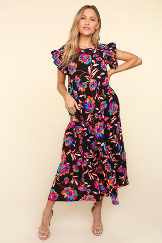 Shop Haptics Ruffled Printed Round Neck Cap Sleeve Dress - High-Quality U.S. Made Women’s Fashion with Free & Fast Shipping