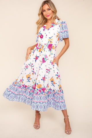 Shop Haptics Printed Notched Short Sleeve Tiered Dress - High-Quality U.S. Made Women’s Fashion with Free & Fast Shipping