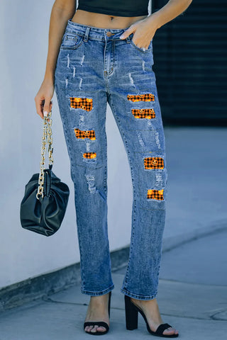 Shop Distressed Pumpkin Pattern Jeans with Pockets - High-Quality U.S. Made Women’s Fashion with Free & Fast Shipping