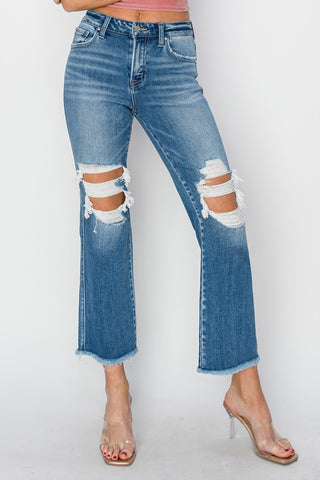 Shop RISEN Mid Rise Distressed Cropped Flare Jeans - High-Quality U.S. Made Women’s Fashion with Free & Fast Shipping