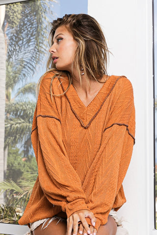 Shop BiBi Textured Exposed Seam Drop Shoulder Knit Top - High-Quality U.S. Made Women’s Fashion with Free & Fast Shipping