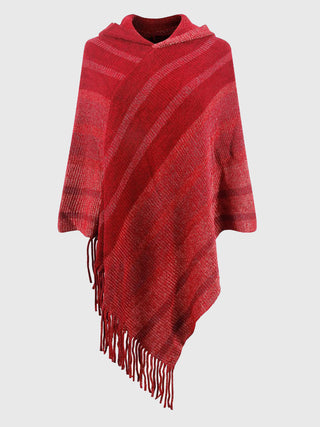 Shop Wine One Size Striped Fringe Hem Hooded Poncho - High-Quality U.S. Made Women’s Fashion with Free & Fast Shipping