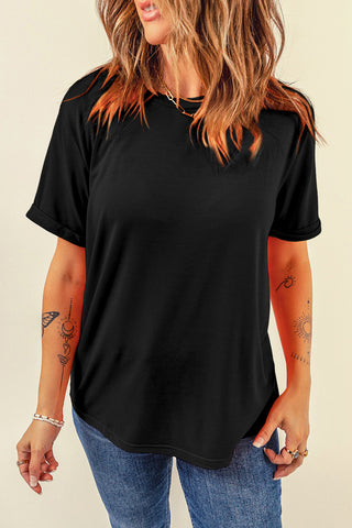 Shop Black Round Neck Short Sleeve T-Shirt - High-Quality U.S. Made Women’s Fashion with Free & Fast Shipping